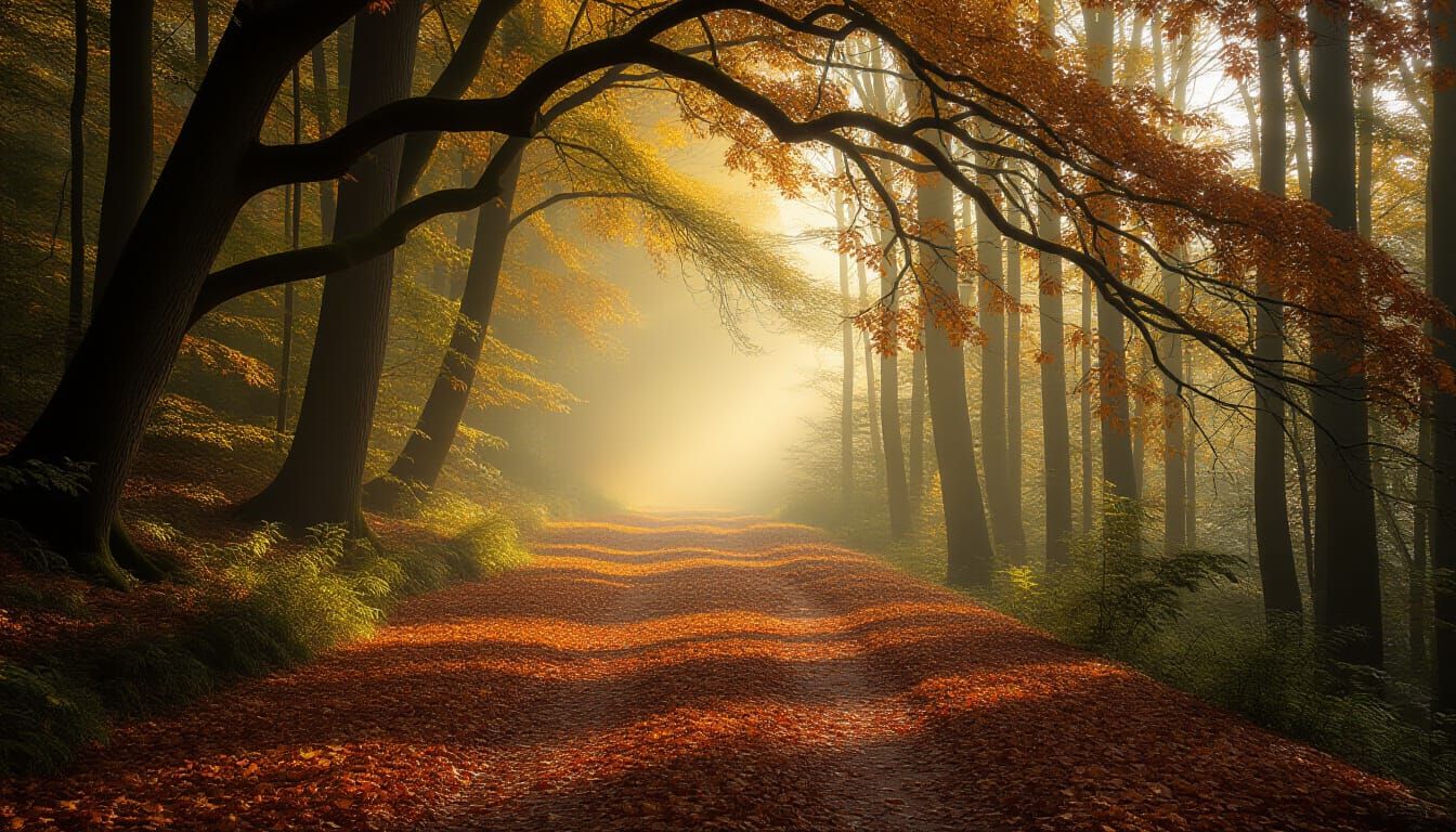Cinematic Forest Path in Autumn Mist