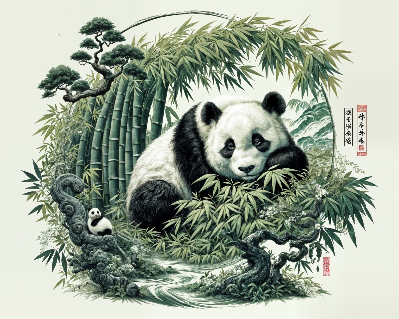 Panda in Bamboo Forest, Chinese Ink Painting