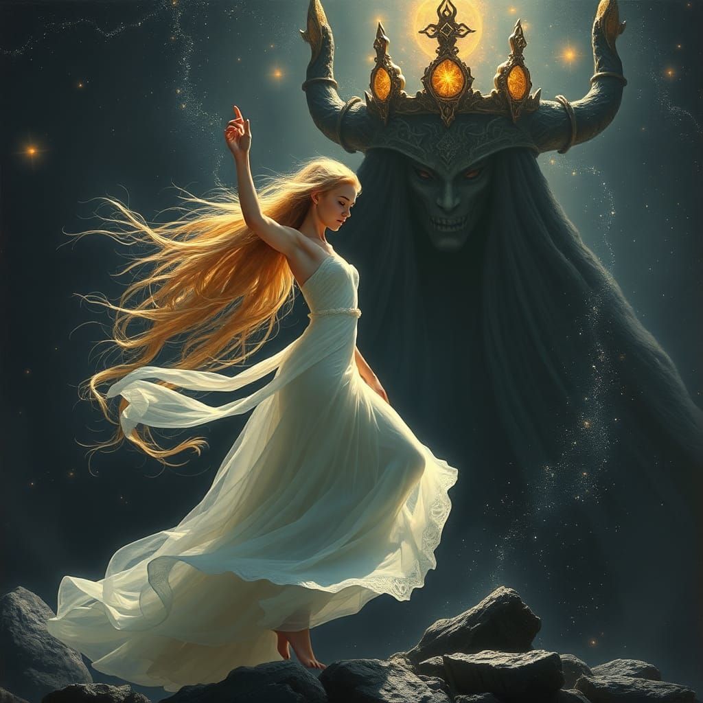 Luthien's Dance Beguiles Morgoth in Dark Fantasy Art