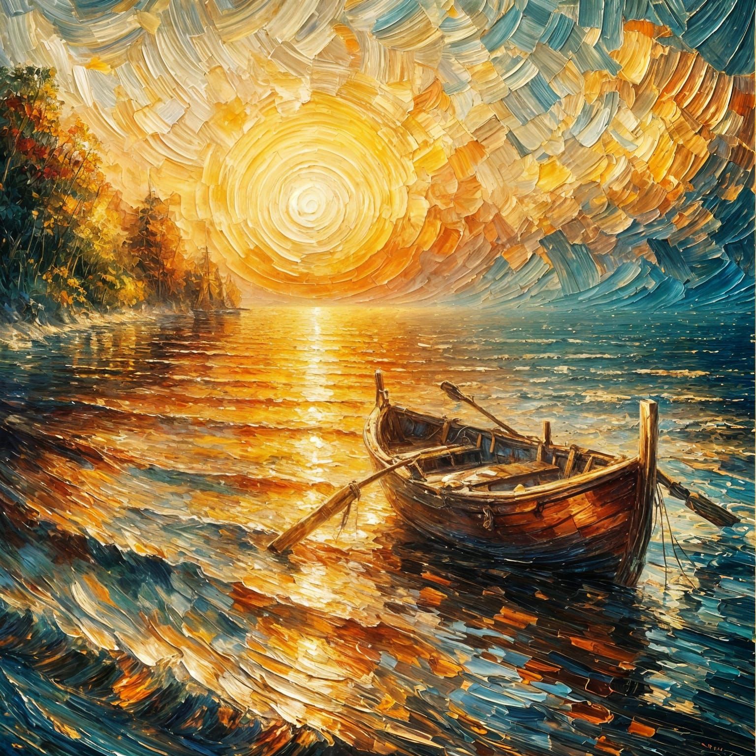 Impressionist Sea at Golden Hour with Boat