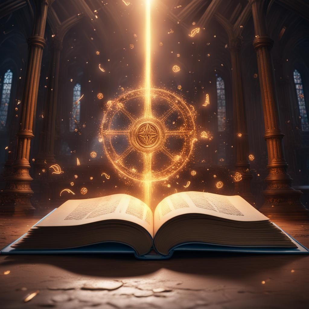 Magical Book Emitting Beam of Symbols in Detailed Painting