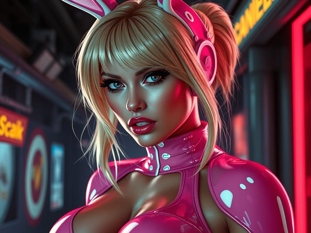 Cyberpunk Femme Fatale in Pink Latex Bunny Suit