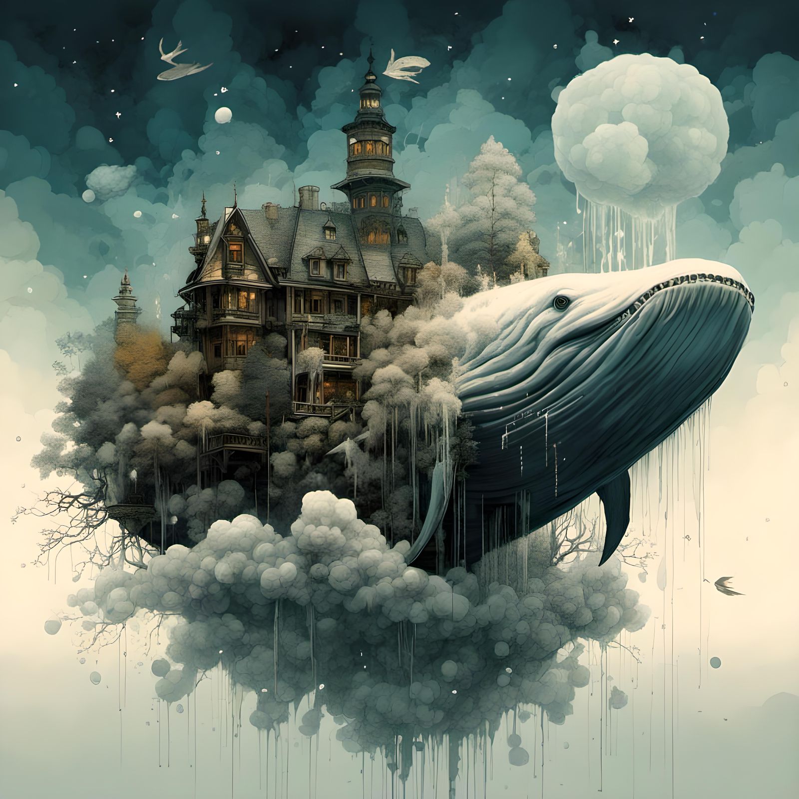 Galaxy Whale Double Exposure in Illustrative Style