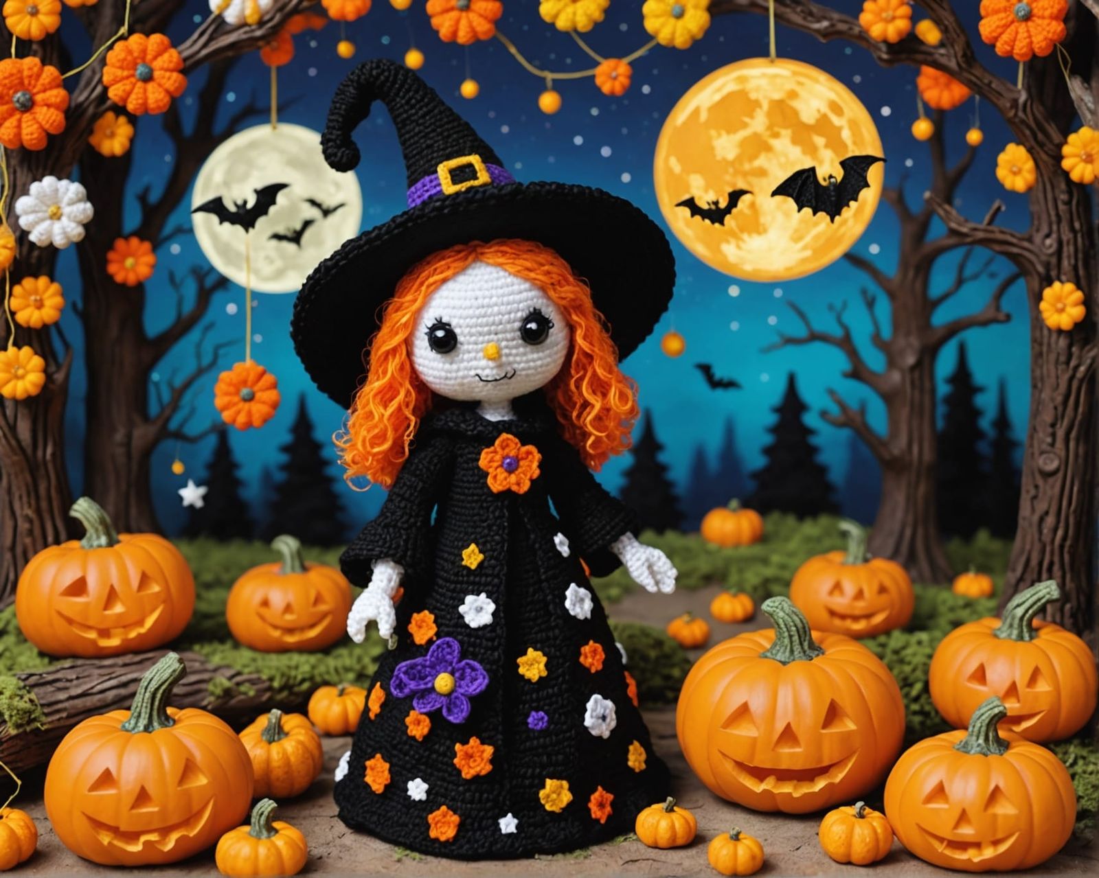 Klimt-Inspired Crochet Halloween Witch Under Starry Sky