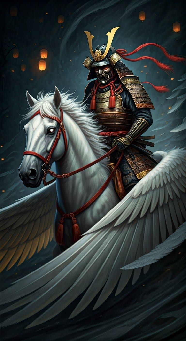 Winged Samurai Horse in Biomechanical Surrealism