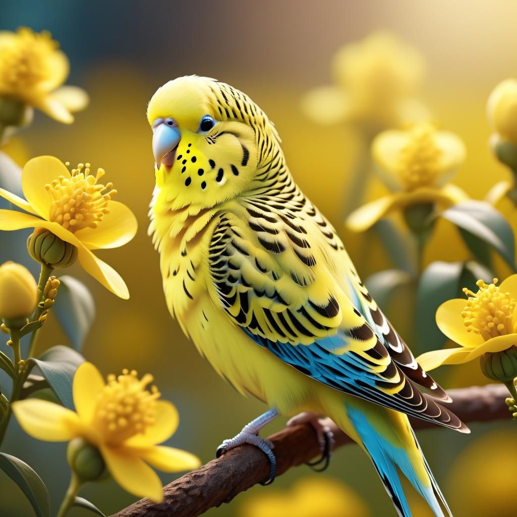 Vibrant Budgerigar in Yellow Flower Field