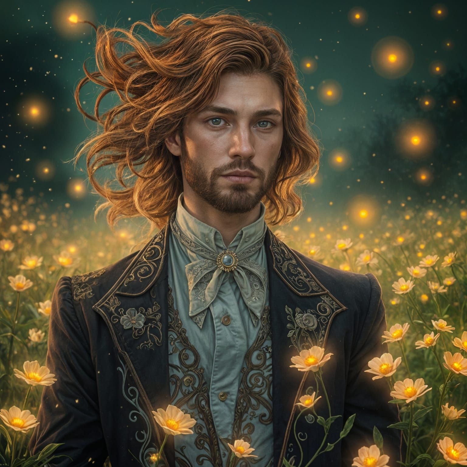 Dreamlike Portrait of Regal Man in Bioluminescent Field