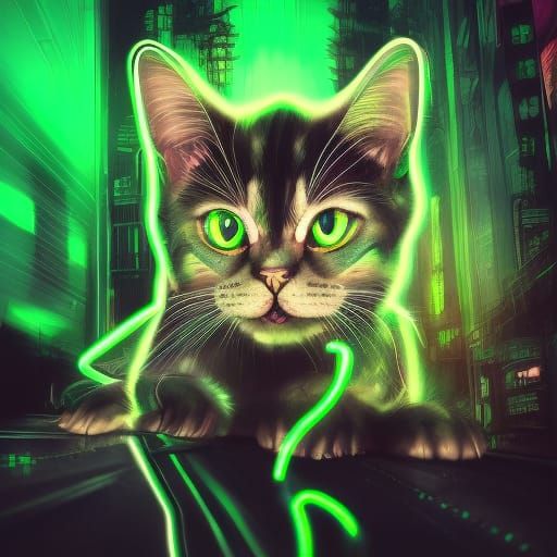 Steampunk Chrome Cat Illuminates Neon Metropolis