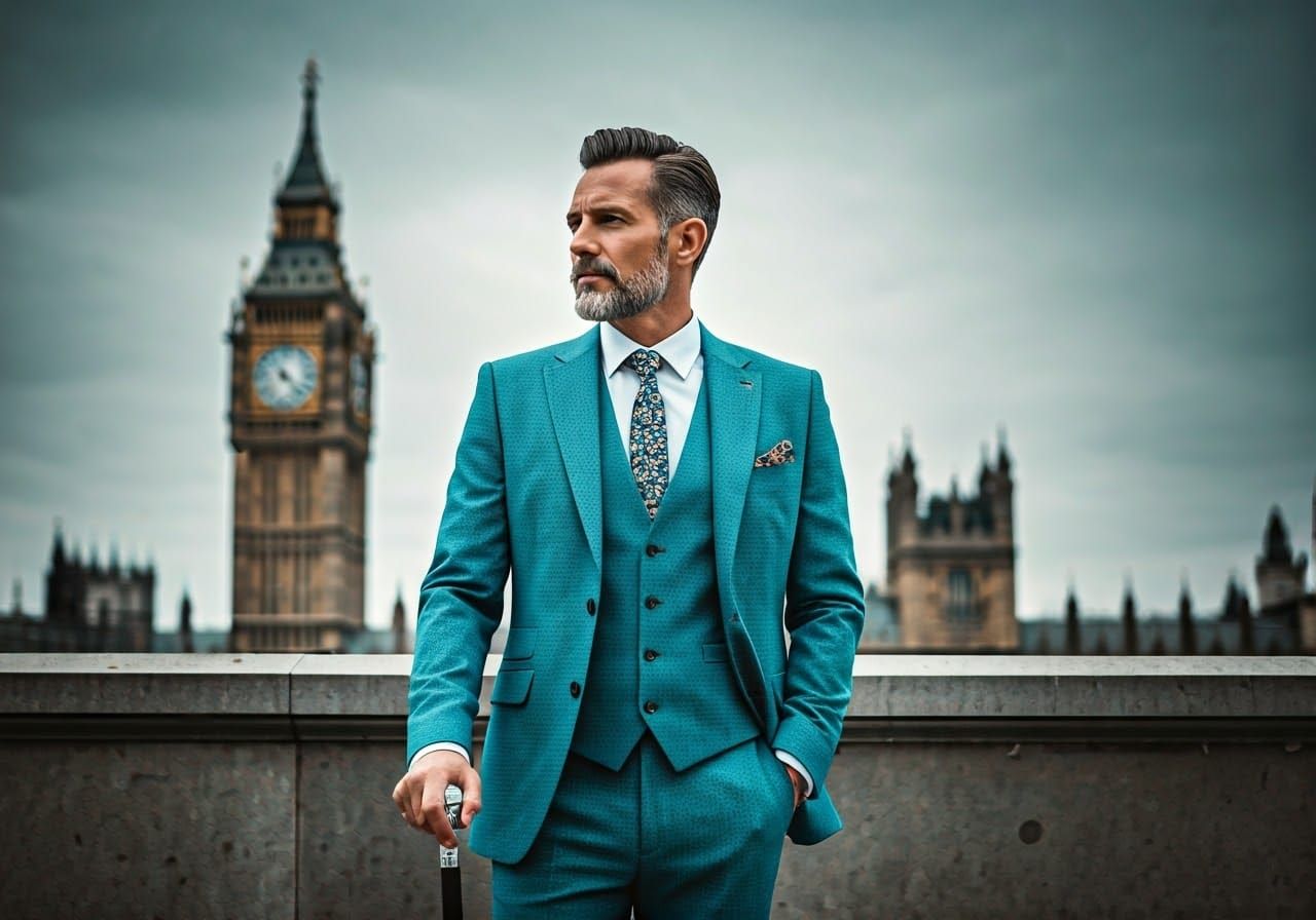 Elegant Man in Turquoise Suit with Big Ben