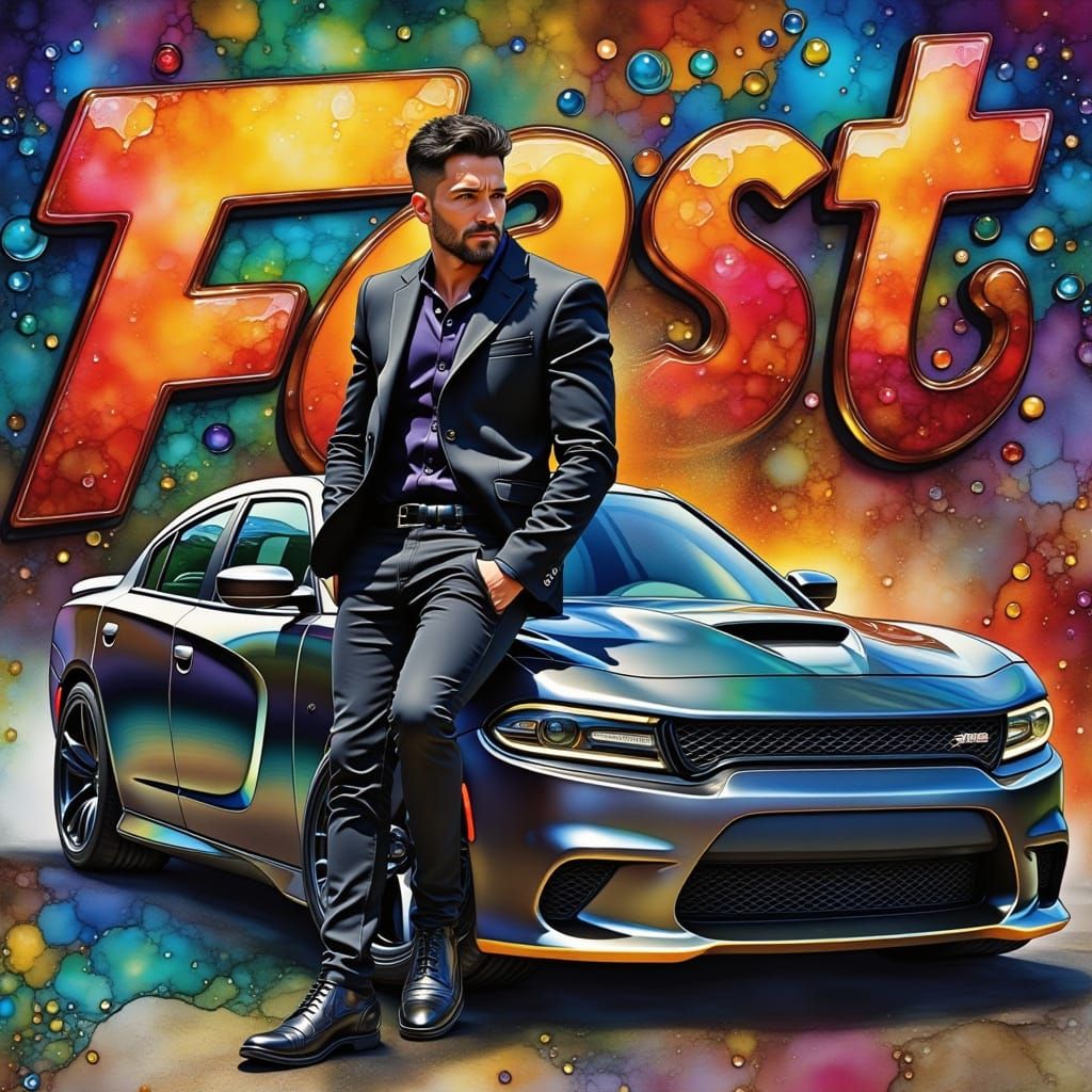 Intense Man on Car, Watercolor and Ink Style