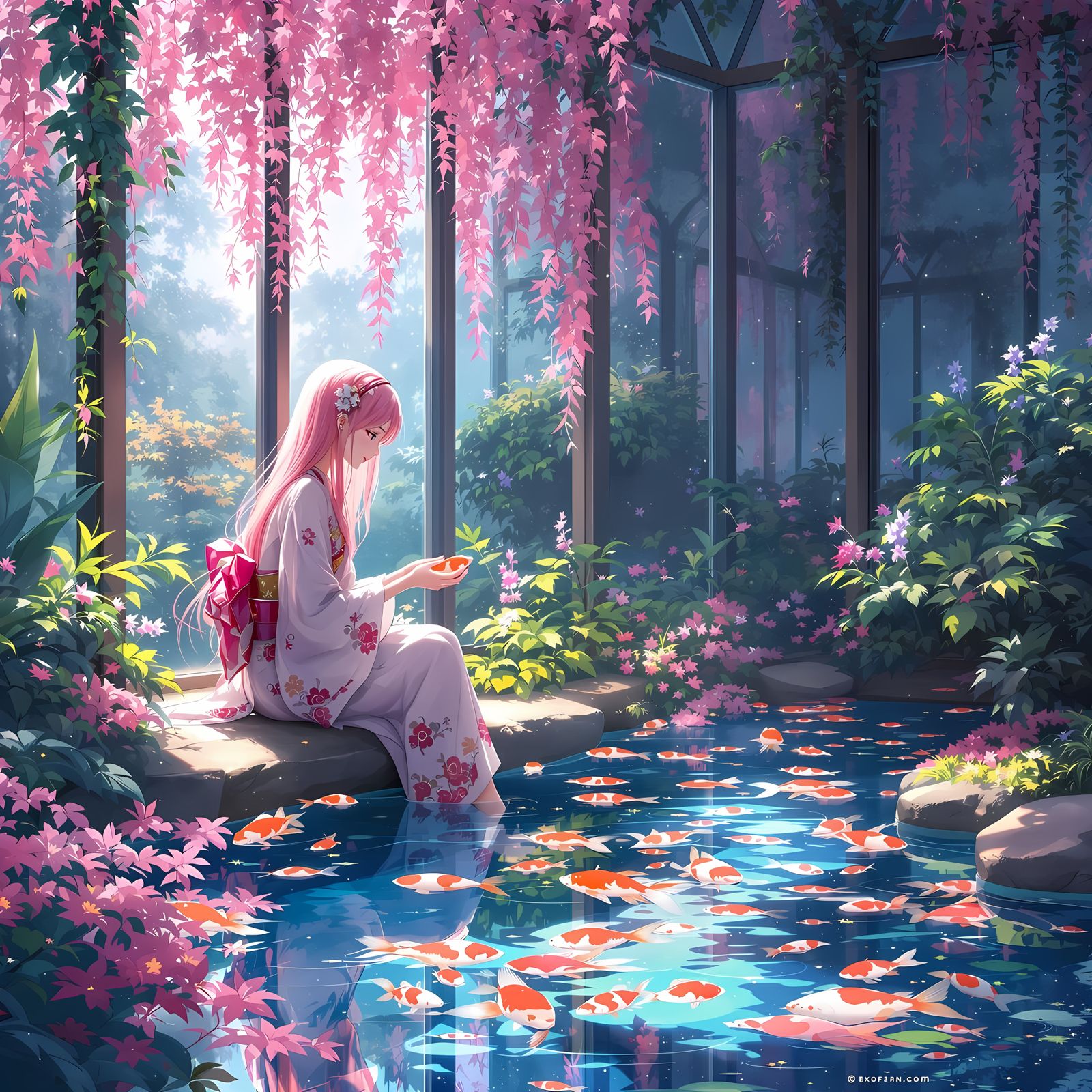 Enchanting Kimono Maiden in a Vibrant Anime Garden