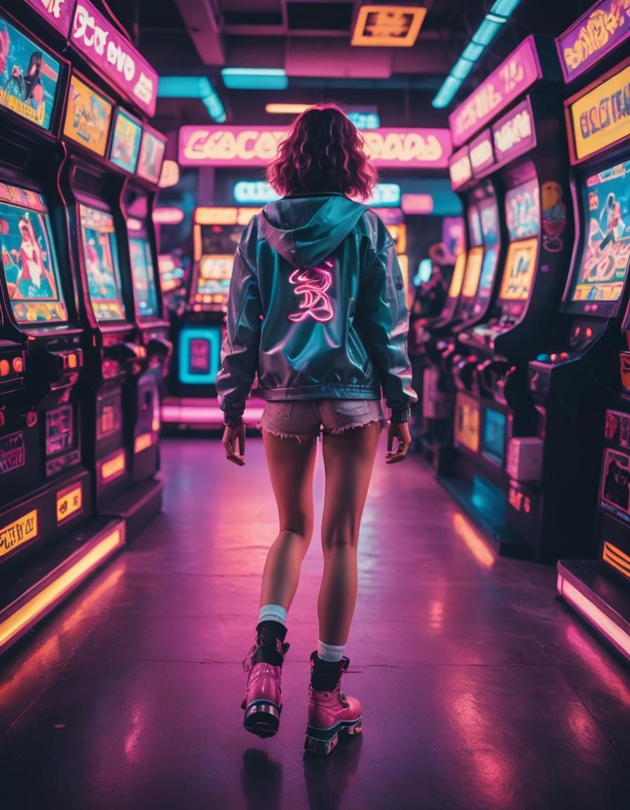 Vaporwave Arcade Scene with Girl on Roller Skates