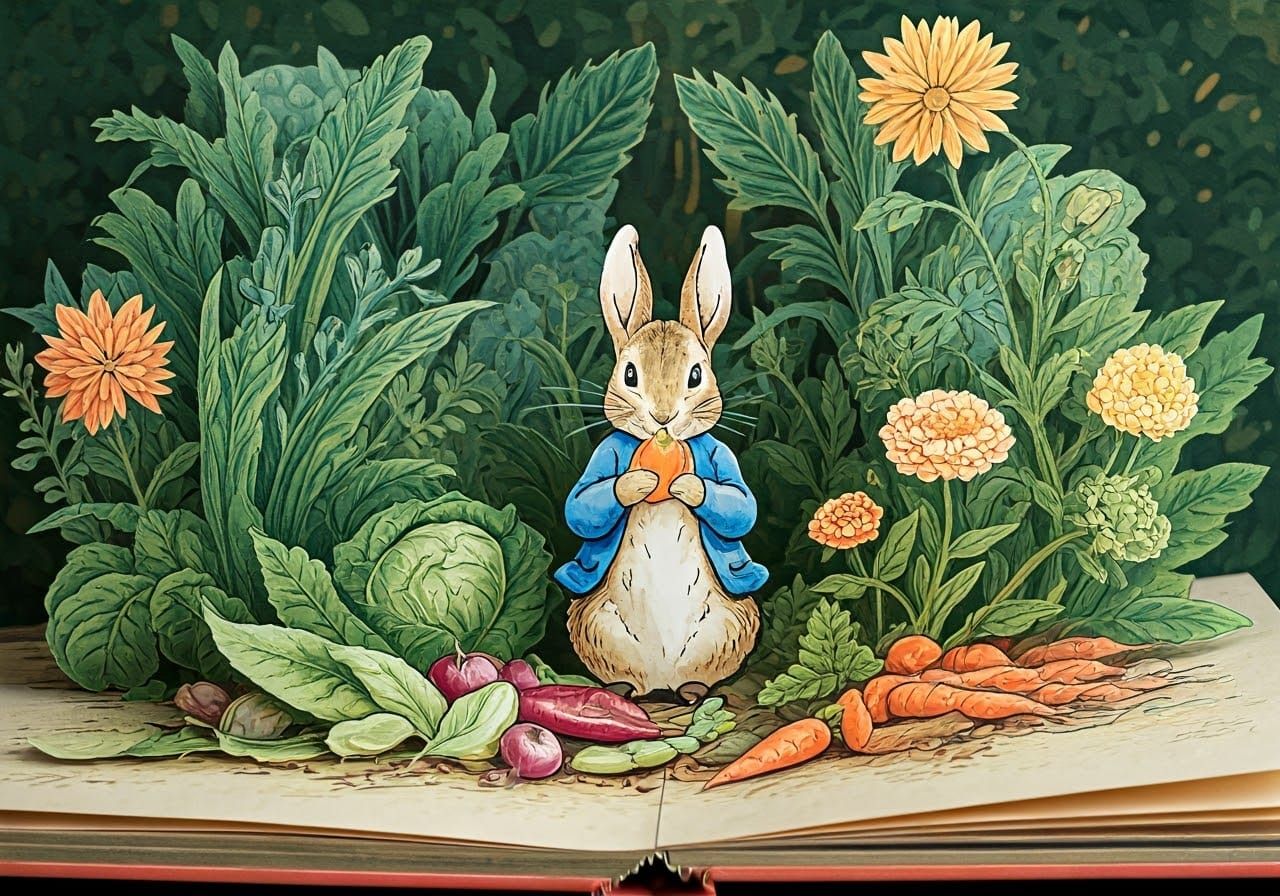 Peter Rabbit Pop-Up Book Illustration in Watercolor Style