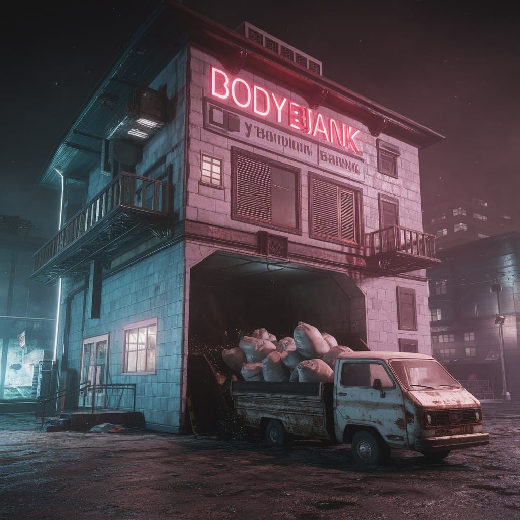 Cyberpunk Body Bank: Neon Lights and Rusty Van