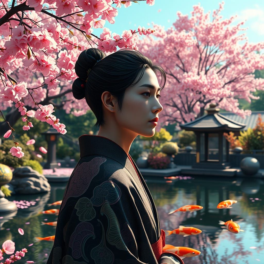 Tranquil Japanese Garden Scene with Cherry Blossoms and Koi....