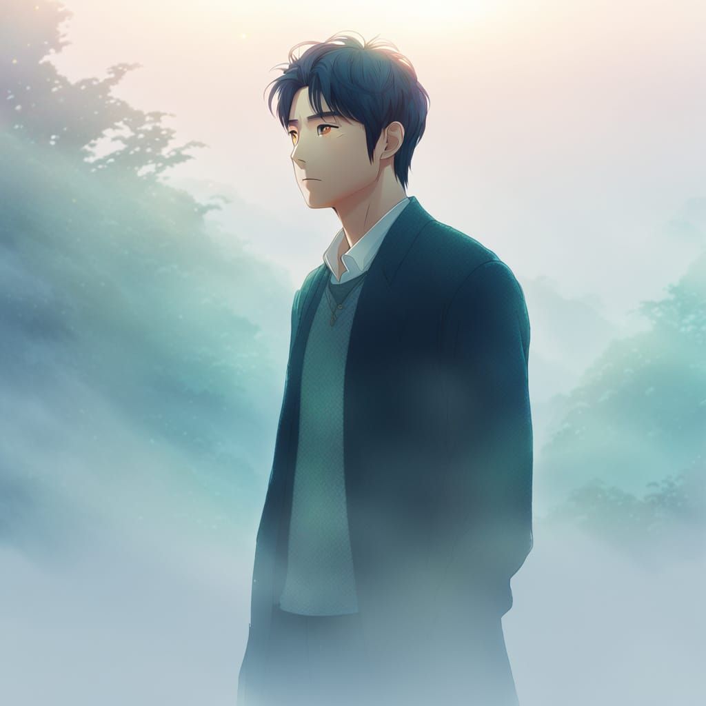 Anime Man in Mist: Vibrant Japanese-Style Art
