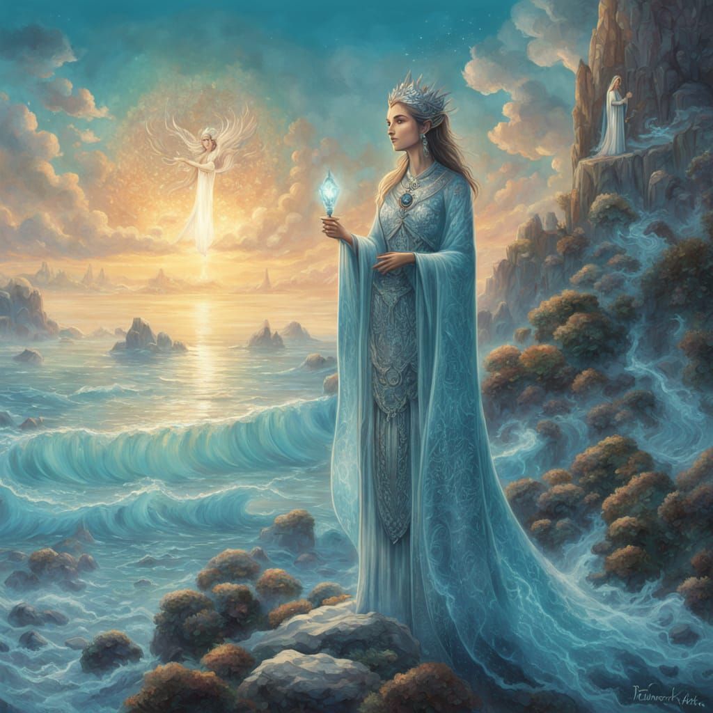 Lemurian Priestess on Crystal Shoreline in Ethereal Style