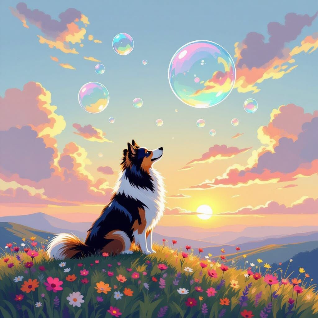 Collie Dog Gazing at Bubbles, Disney Concept Art