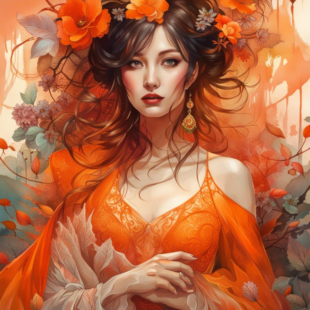 Gorgeous Bride in Lacy Orange Wedding Dress