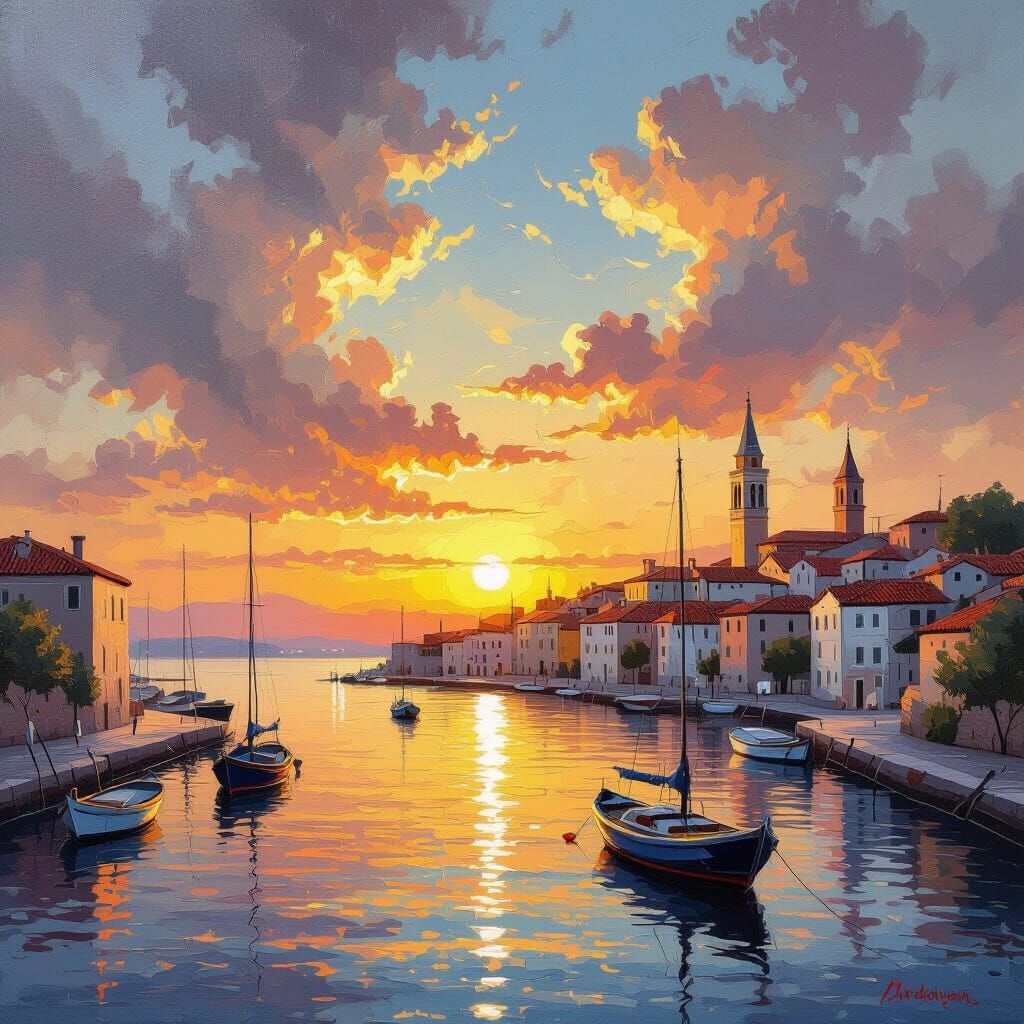 Sunset Over Waterfront Old Town as Oil Painting