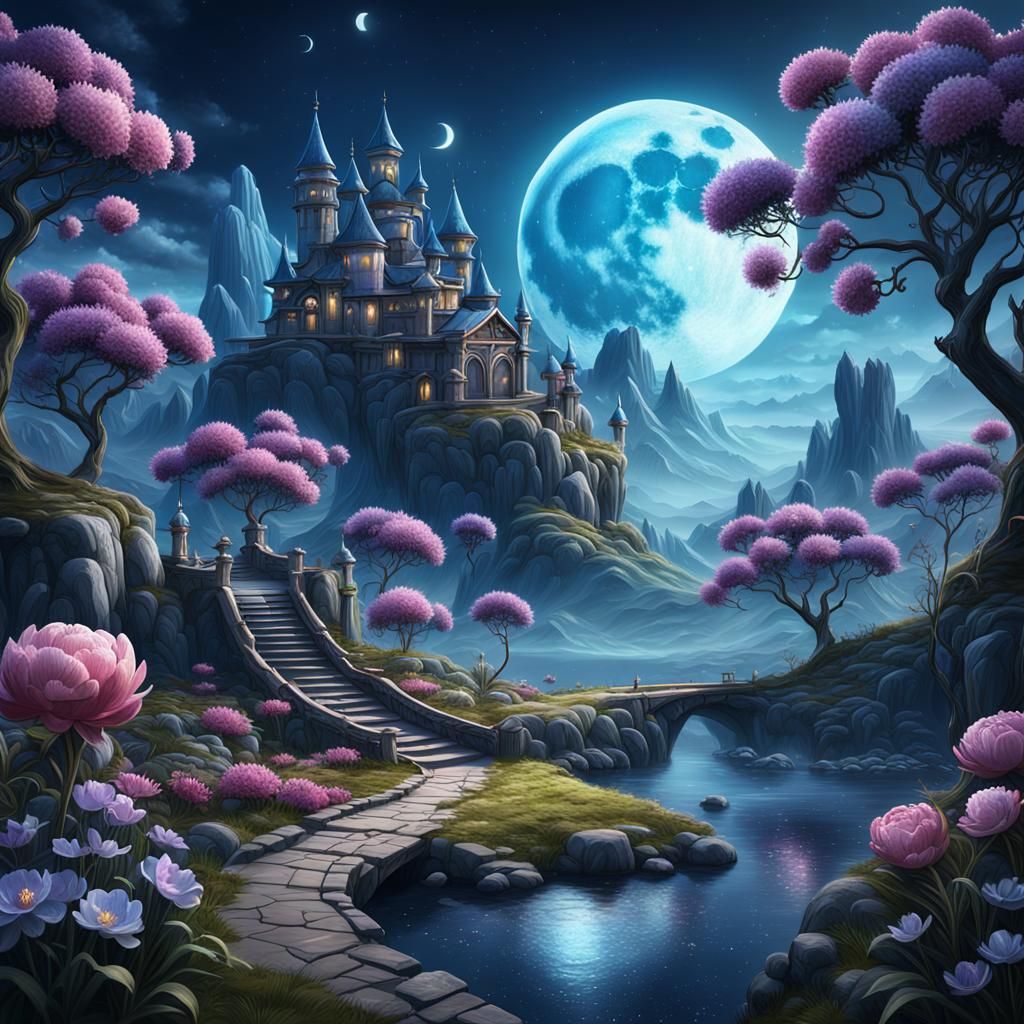 Fantasy Landscape with Peonies in Moonlight