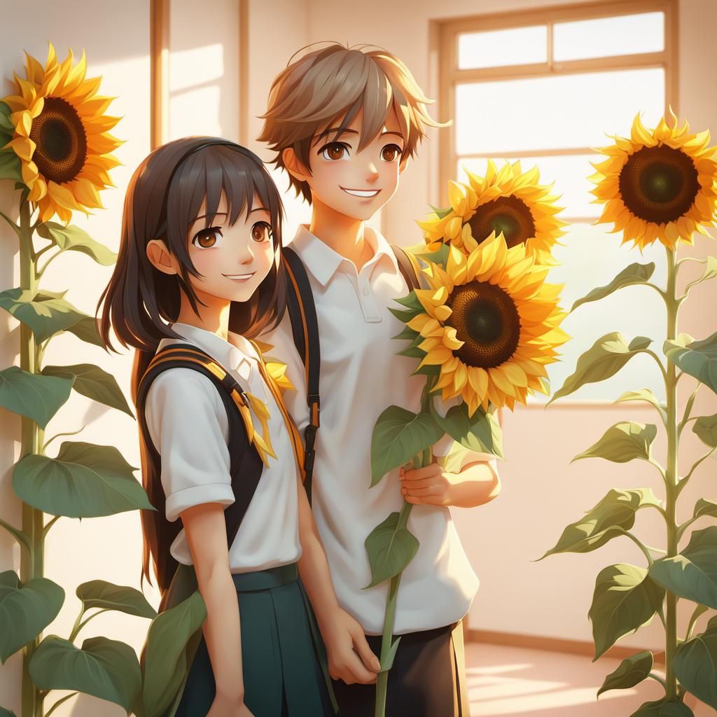 Boy Offering Sunflowers: Anime-Inspired 3D Art