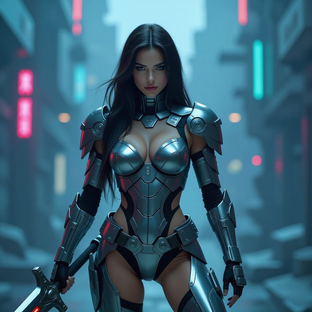 Futuristic Robot Woman with Sword in Cyberpunk Style