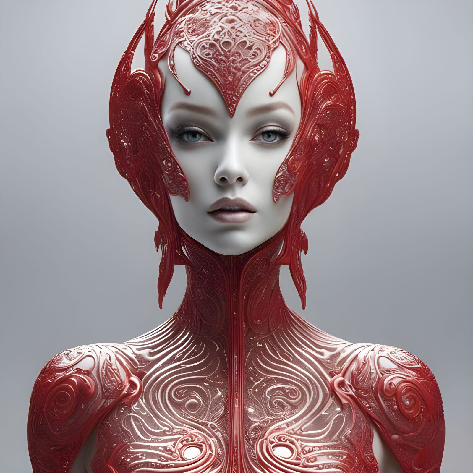 Porcelain Alien Face with Red Patterns