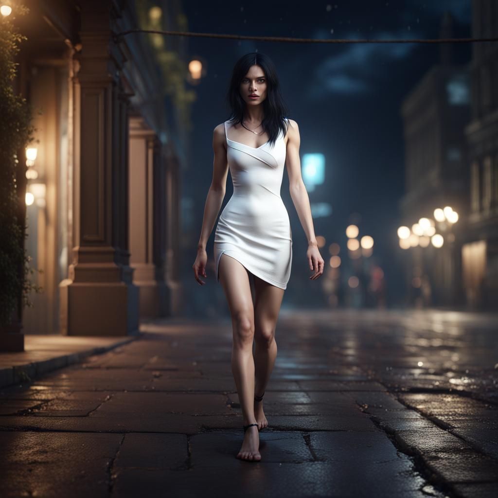 Young Woman in White Dress at Night