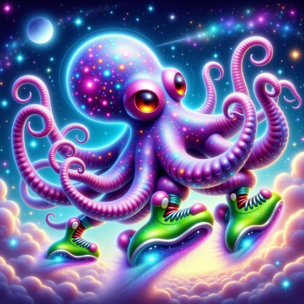 Mystical Octopus Speeds Through Starry Night Sky on Roller S...