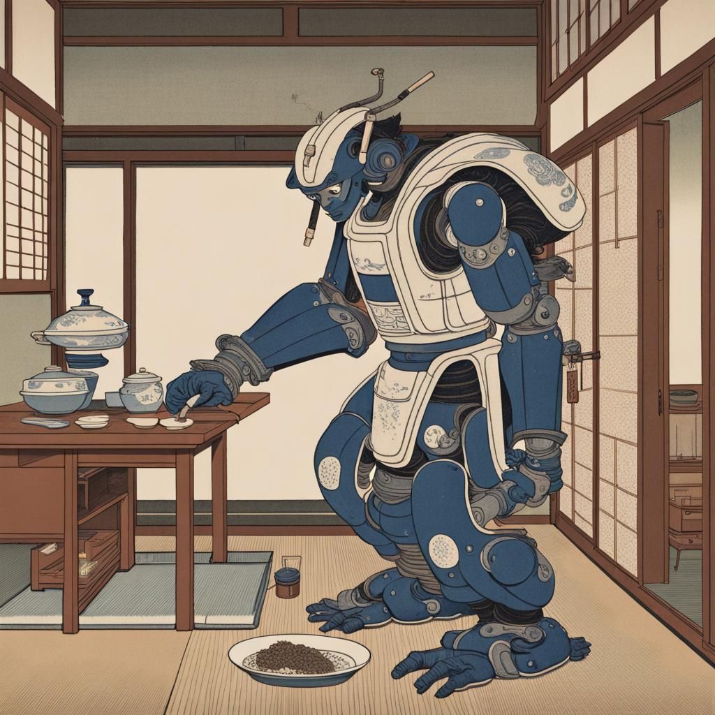 Multi-Armed Robot in Ukiyo-e Style Home