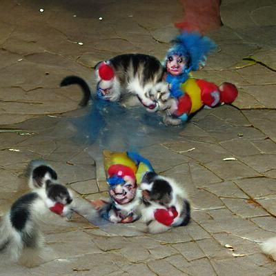 Kittens Swarming a Frightened Clown in Cartoon Style