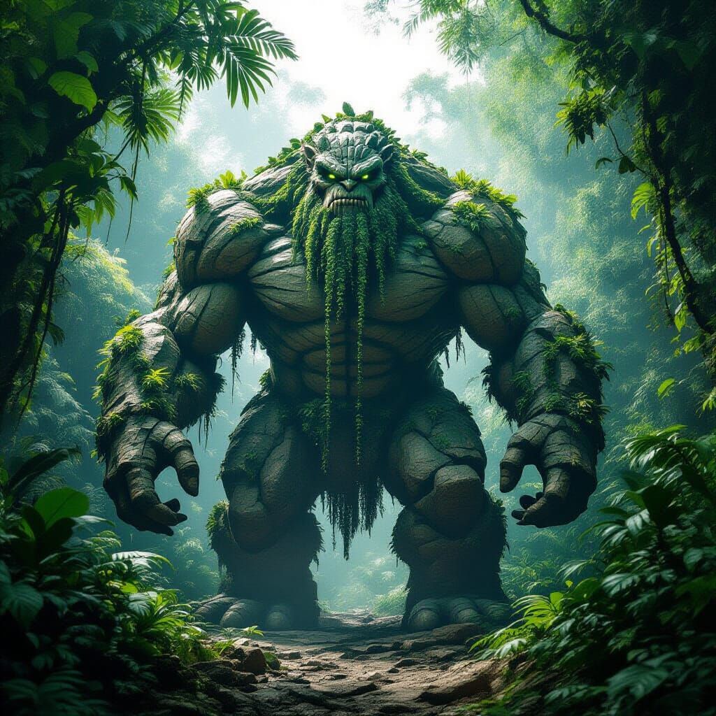 Colossal Rock Monster with Vines in Dense Jungle
