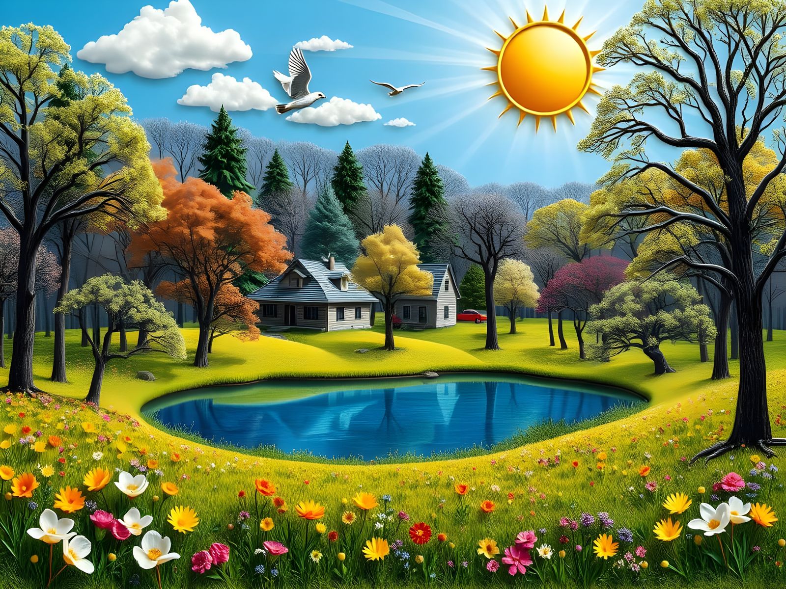 Spring Meadow in Relief Art Style