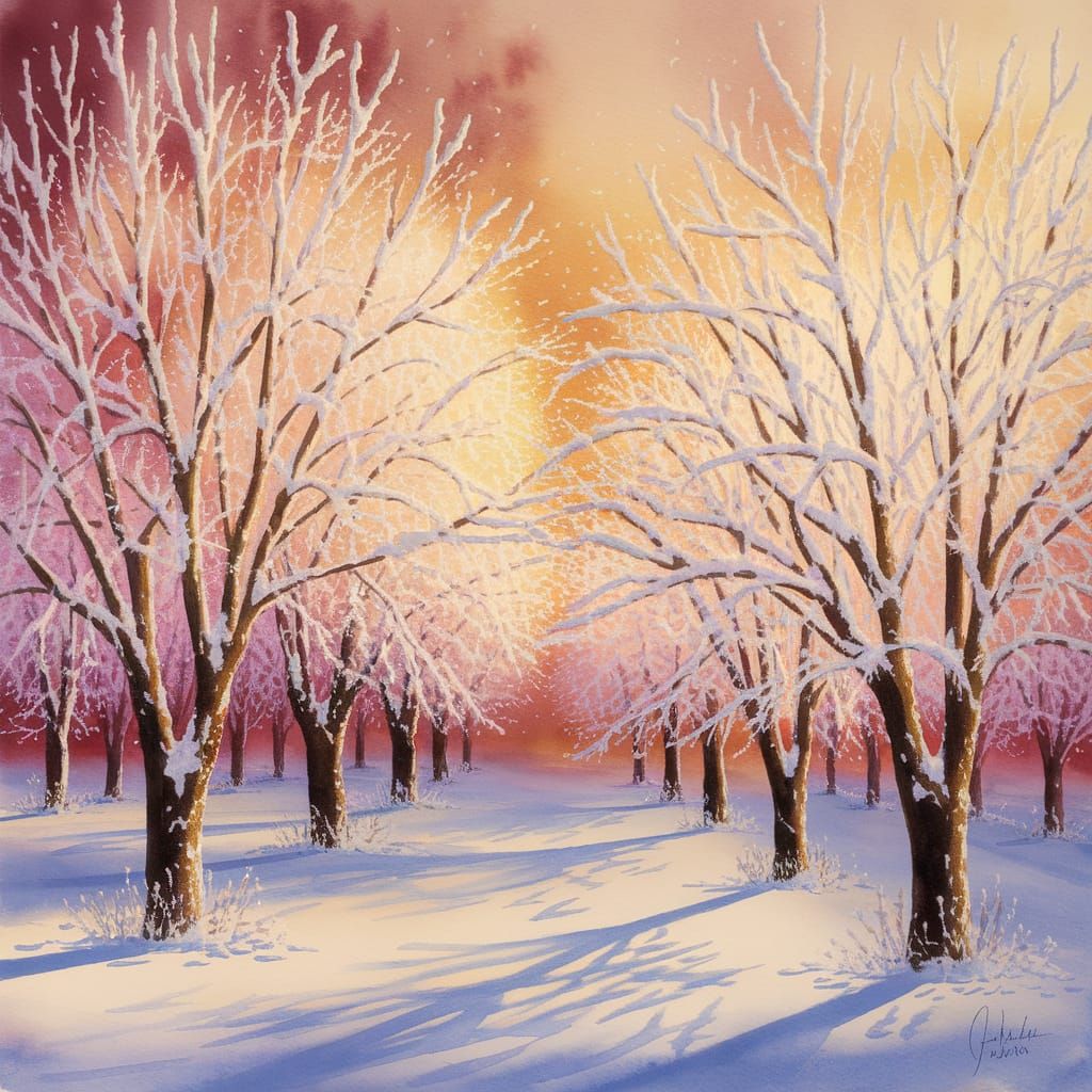 Enchanted Winter Orchard Painting in Soft Golden Light