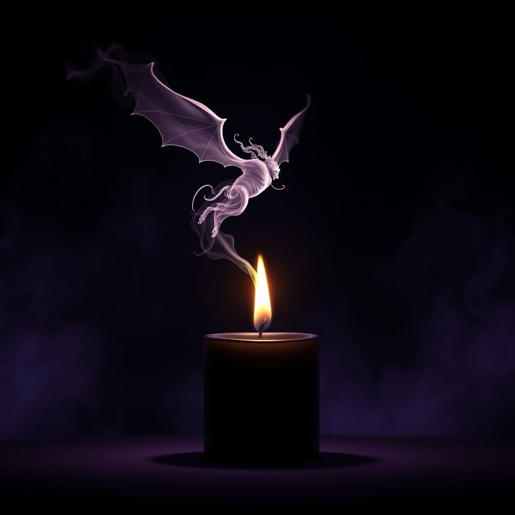 Dark Fantasy Scene with Candle and Flying Demon Silhouette