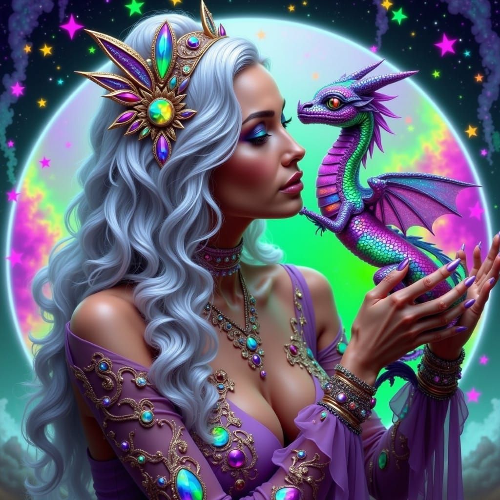 Glowing Goddess with Radiant Dragon in Whimsical, Surrealist...