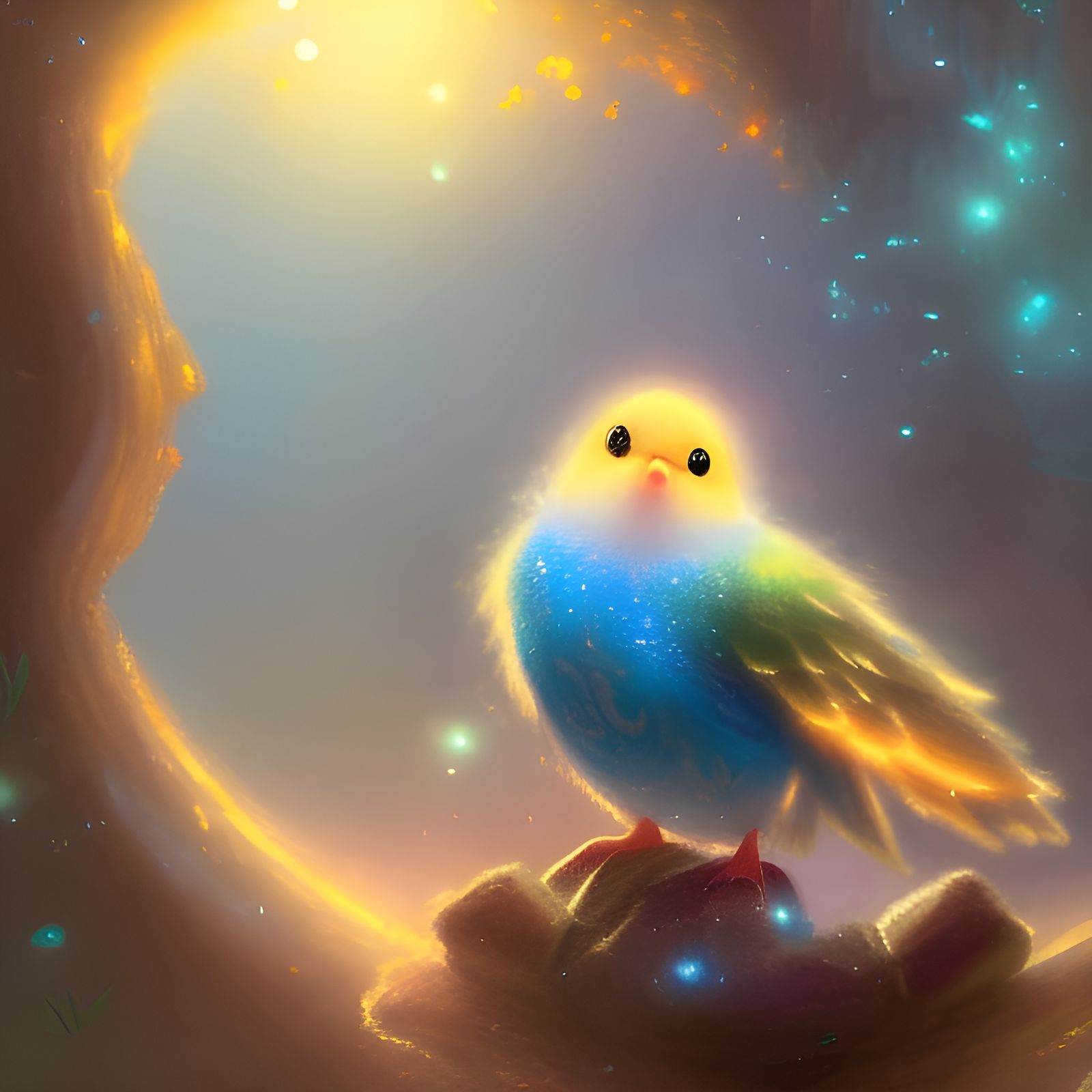 Cute Chibi Bird Surrounded by Luminous Sparkles