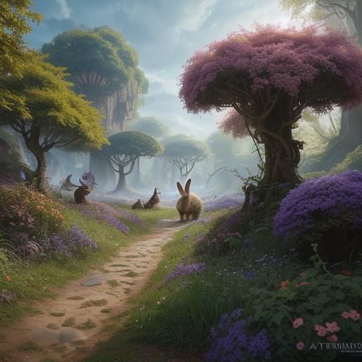 Whimsical Rabbits in Ethereal Forest: Digital Painting