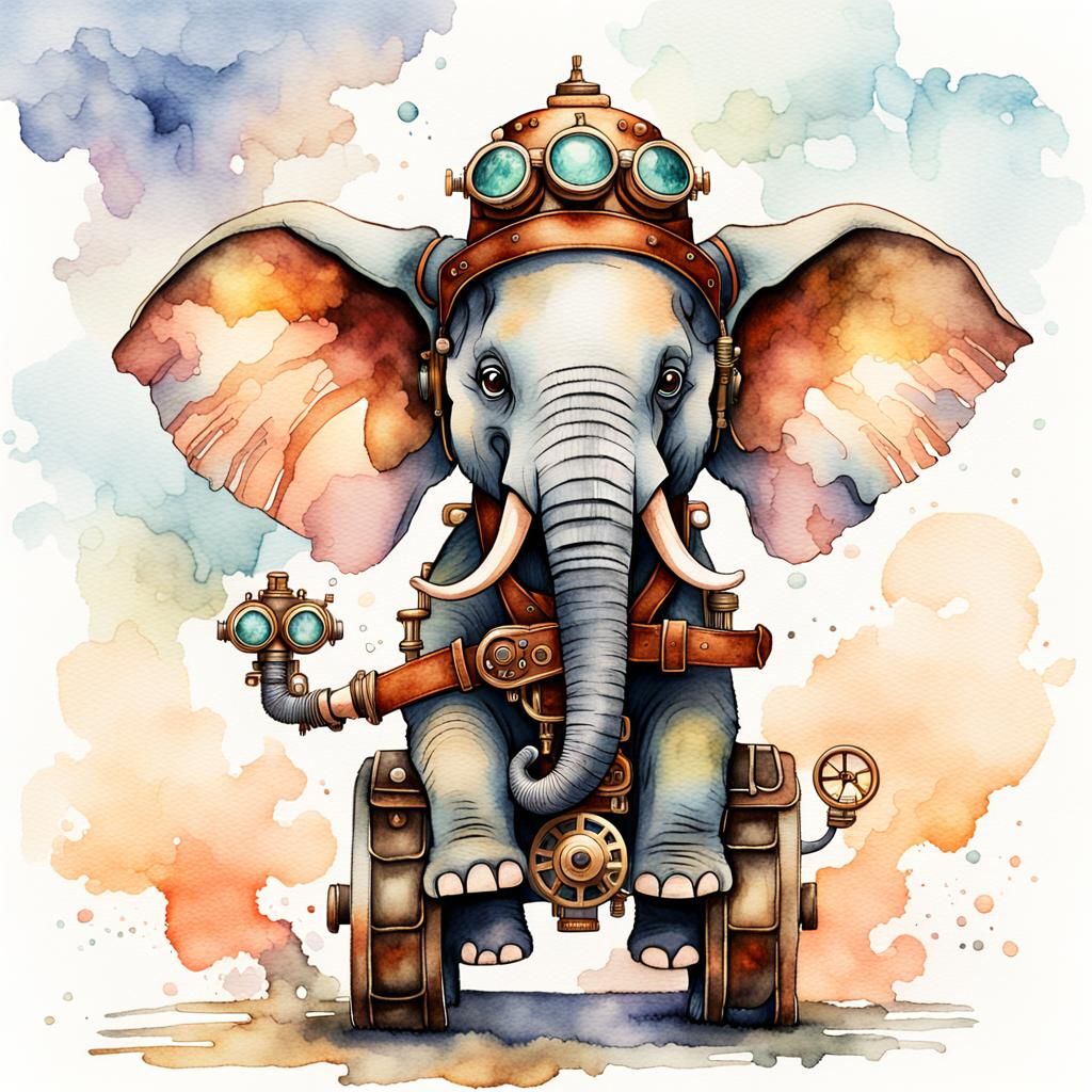 Flying Steampunk Elephant in Watercolor Style