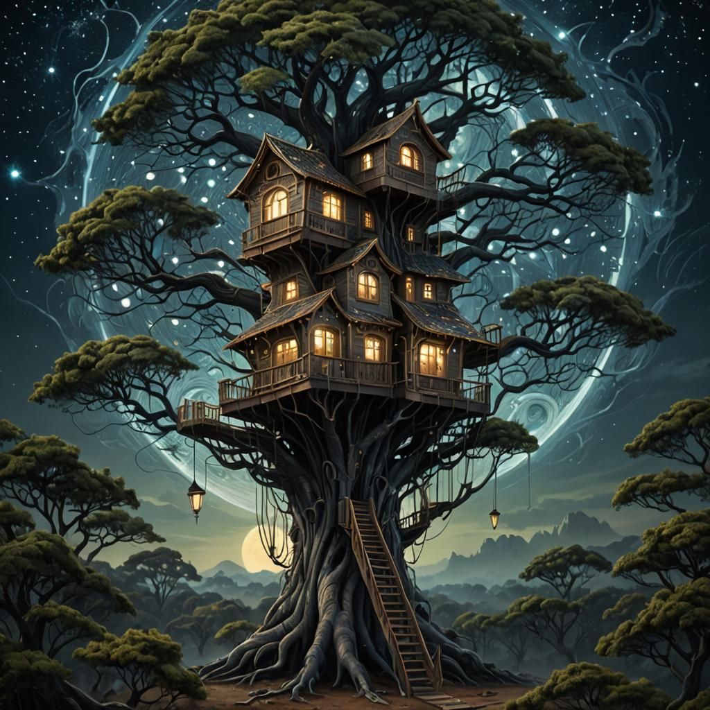 Sci-Fi Treehouse Under Starry Sky, Impasto Style