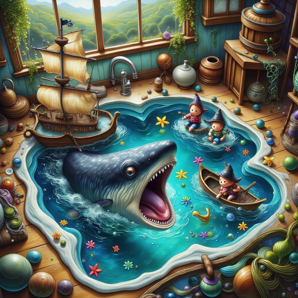 Whale, Shark, and Pirate Ship in Kitchen Sink