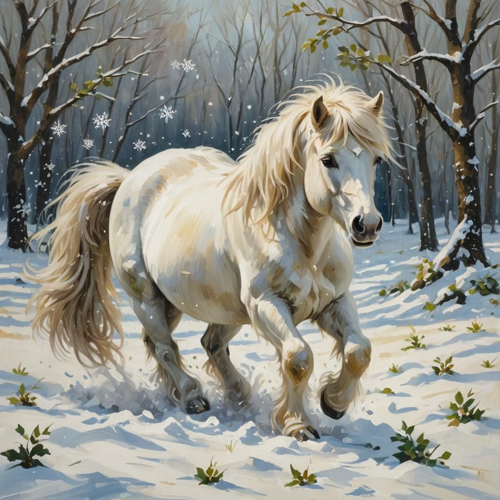 Shetland Pony in Winter Wonderland: An Impressionist Oil Pai...