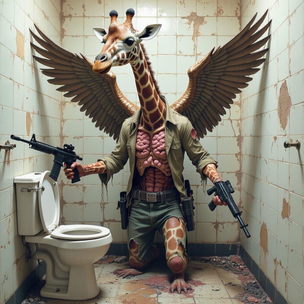 Surreal Giraffe Emerges From Toilet with Wings and Guns