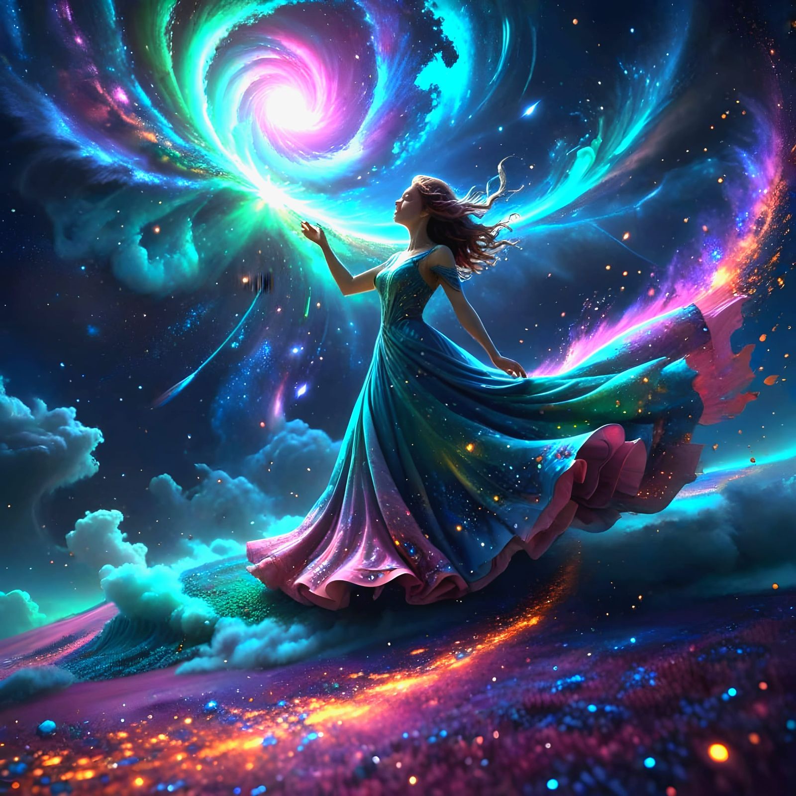 Surreal Cosmic Goddess Riding Iridescent Magical Carpet