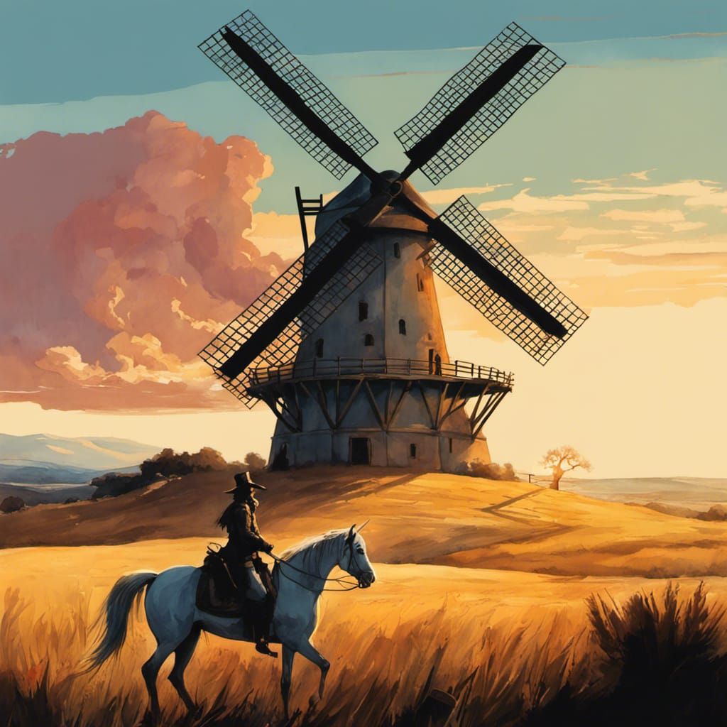Don Quixote and the Windmill in Watercolor