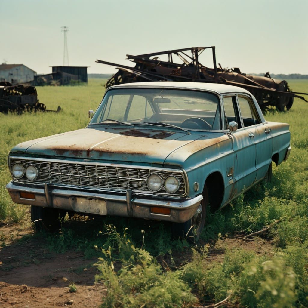 Rusty Vintage Car in Desolate Field