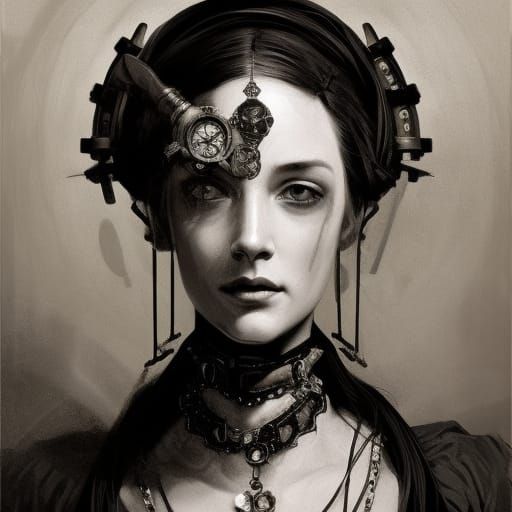 Steampunk Anne Boleyn Portrait in Black and White
