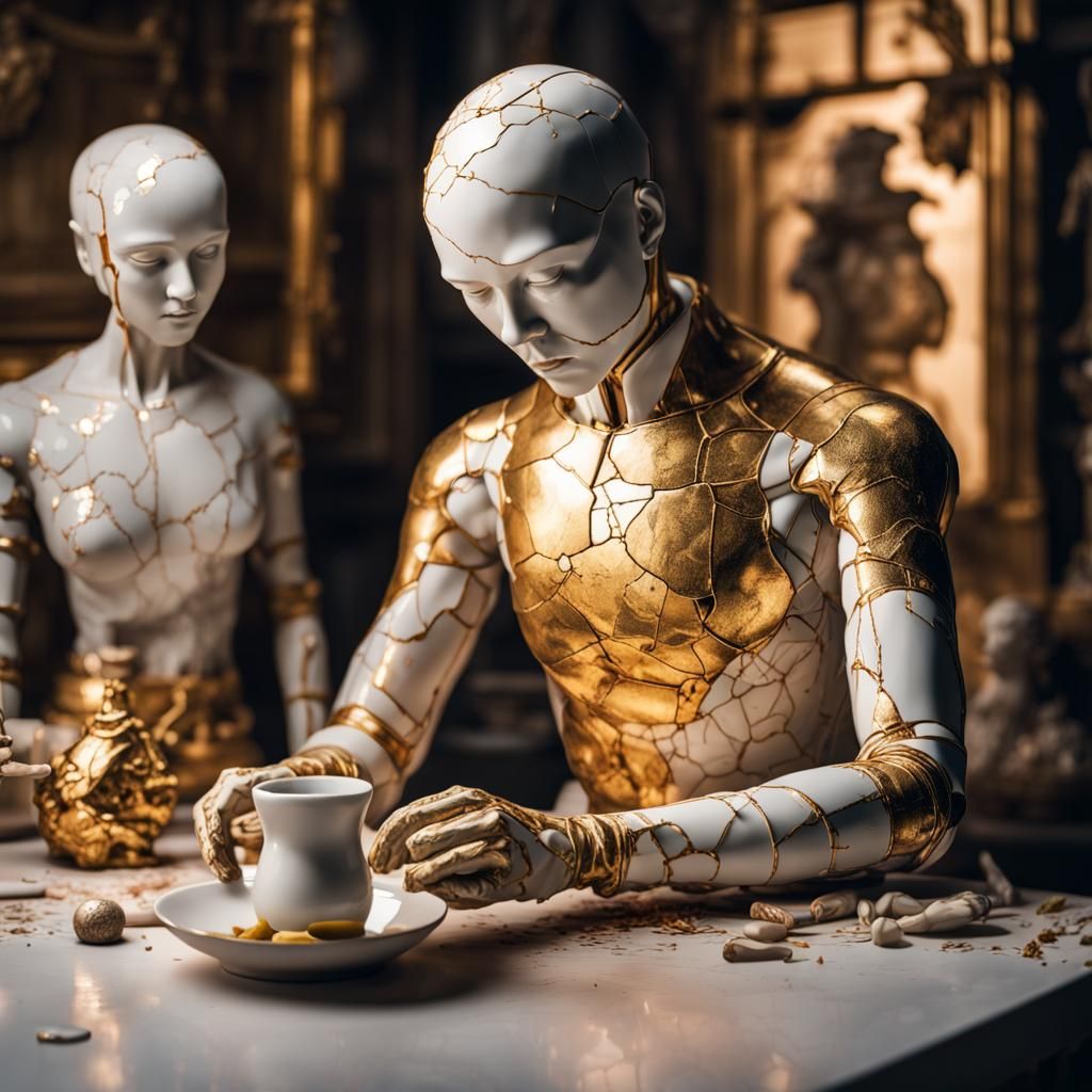 Kintsugi Android Repairs Porcelain Statues: Hyperrealistic I...