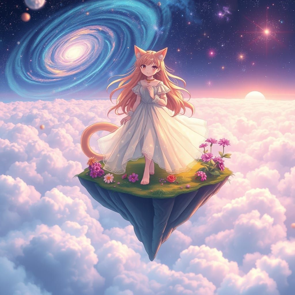 Anime Catgirl in Moonlight Gown on Floating Island